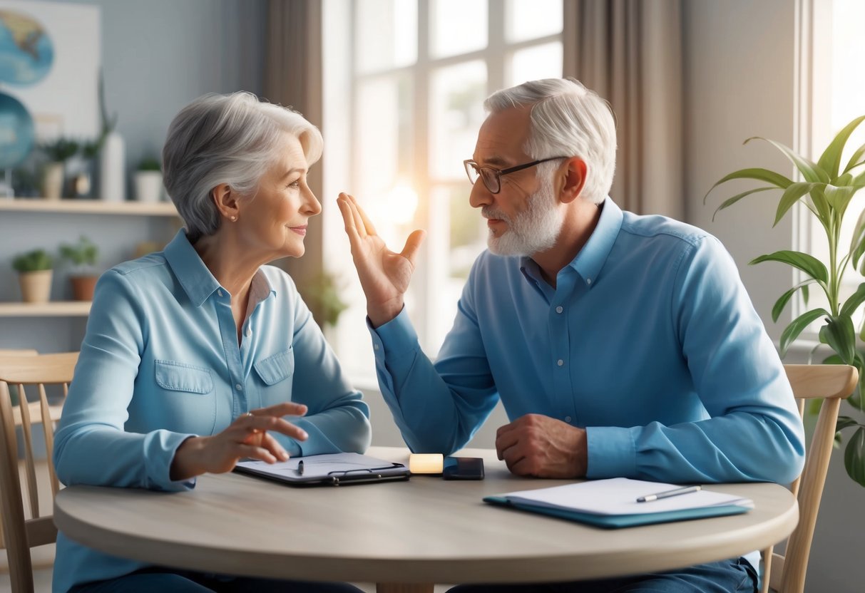 A couple sits at a table, discussing retirement plans. They gesture and lean in, showing concern and engagement in the conversation