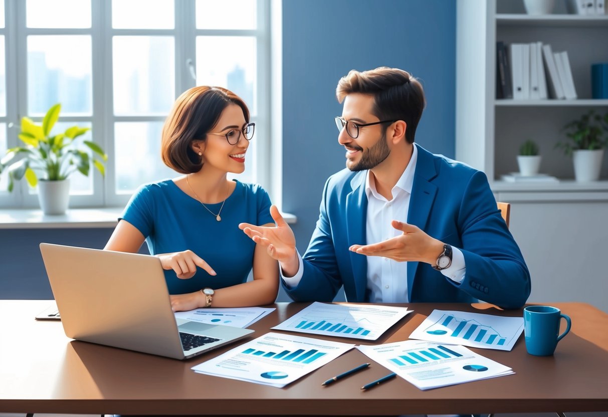 A couple sits at a table with financial documents and a laptop, engaged in conversation and gesturing to illustrate their points
