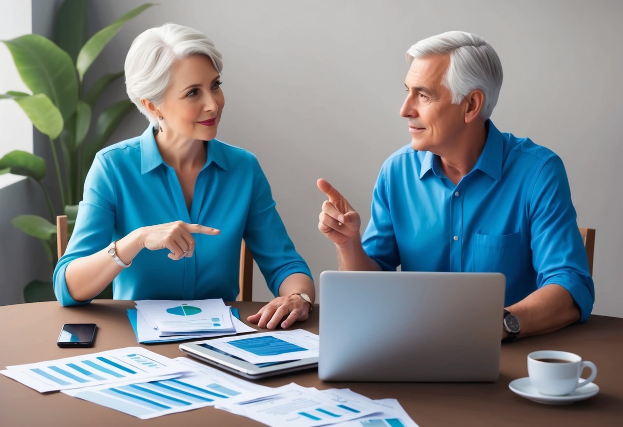 A couple sits at a table, discussing their retirement finances. A laptop and financial documents are spread out in front of them. They gesture and talk earnestly