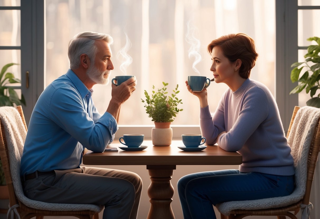 A couple sitting across from each other at a cozy table, sipping coffee and having a serious conversation about their retirement plans