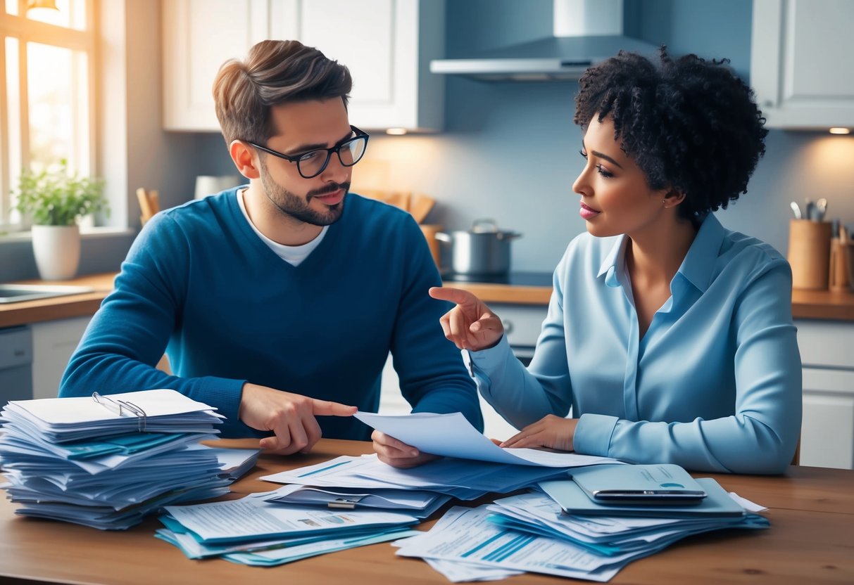 A couple sits at a kitchen table, looking at a stack of bills and financial documents. One partner gestures to the papers while the other listens attentively