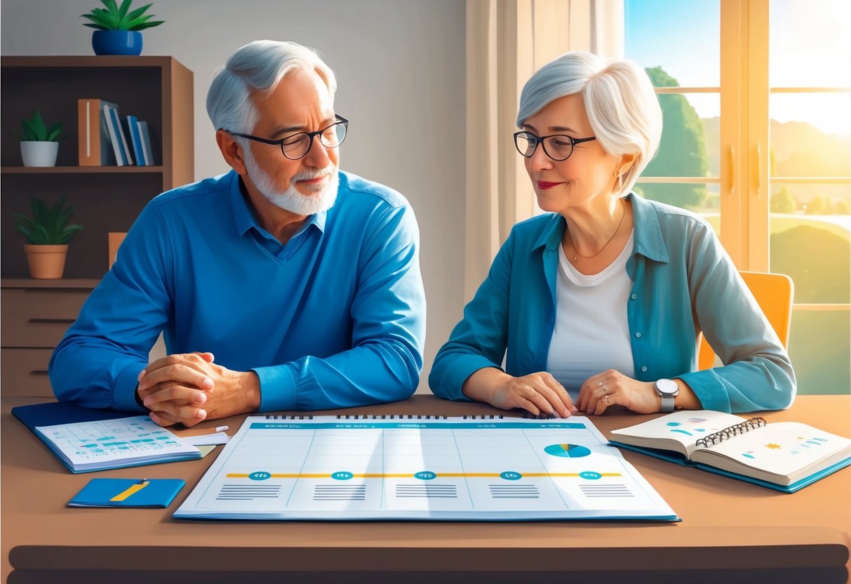 A couple sits at a table, discussing retirement plans. A timeline and calendar are spread out in front of them, as they communicate their concerns and hopes for the future