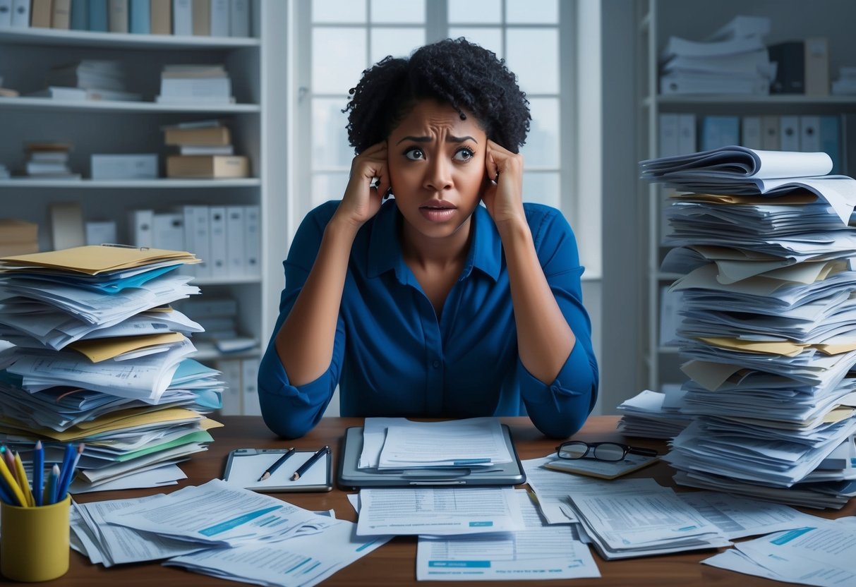 A person sitting at a cluttered desk, surrounded by bills and financial documents, with a look of frustration and anxiety on their face