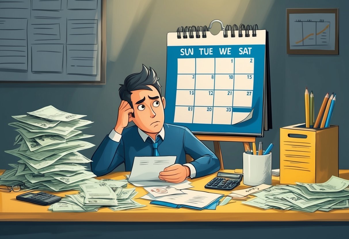 A cluttered desk with unpaid bills, a calendar with overdue deadlines, and a worried expression