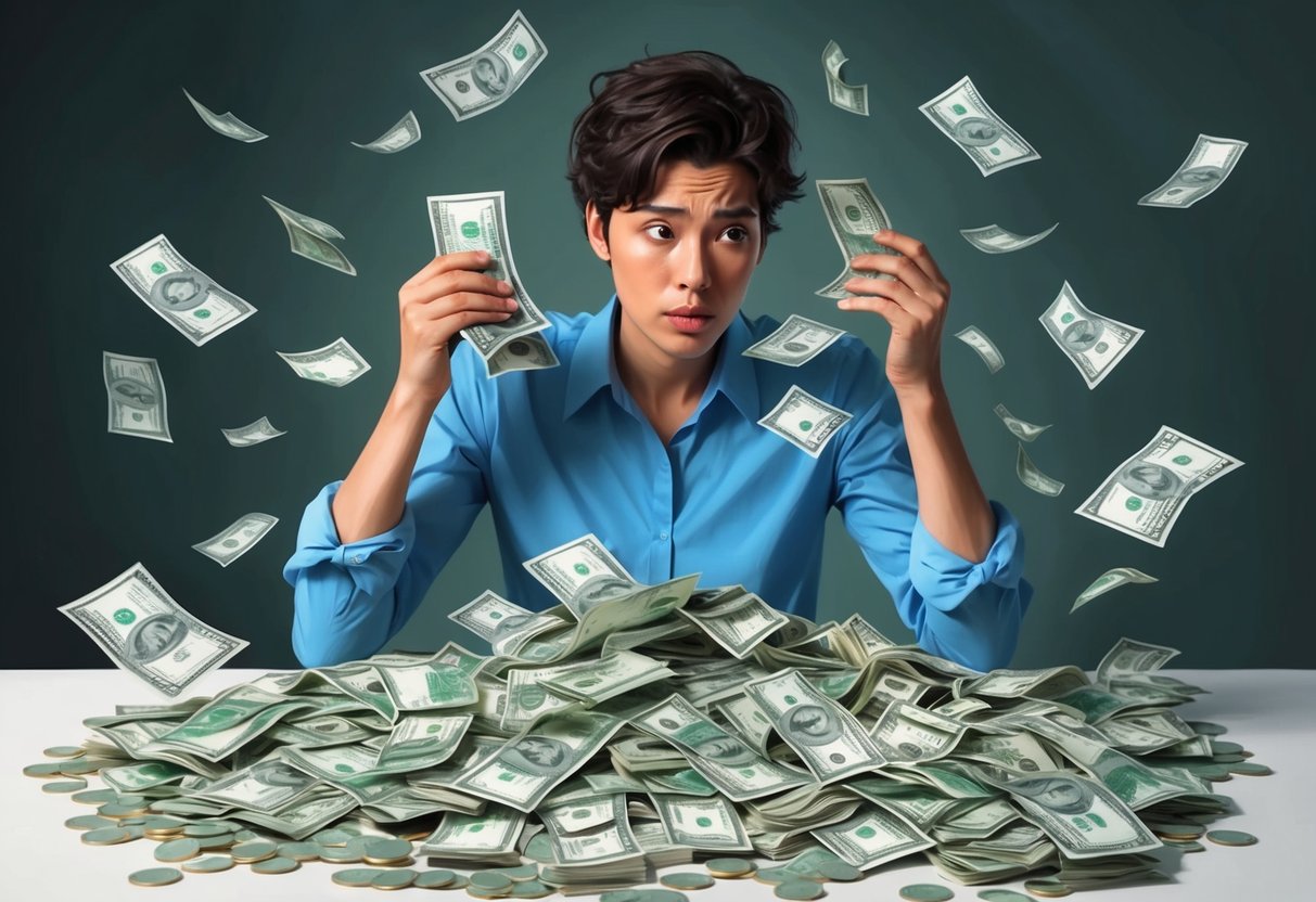 A person surrounded by bills and empty pockets, looking overwhelmed