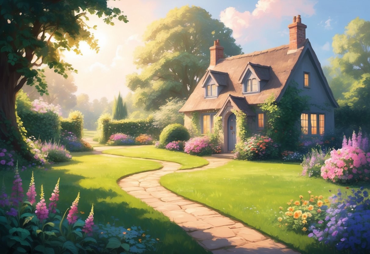 A serene, sunlit garden with a winding pathway leading to a cozy, well-kept cottage surrounded by vibrant flowers and lush greenery