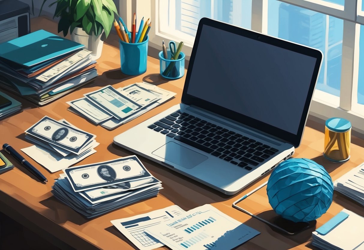 A cluttered desk with unpaid bills, a closed laptop, and a crumpled stress ball on the floor