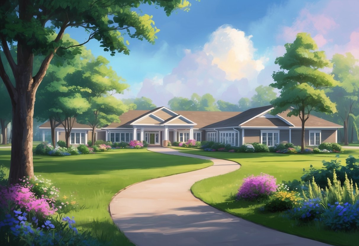 A serene landscape with a winding path leading towards a peaceful retirement community, surrounded by lush greenery and vibrant flowers