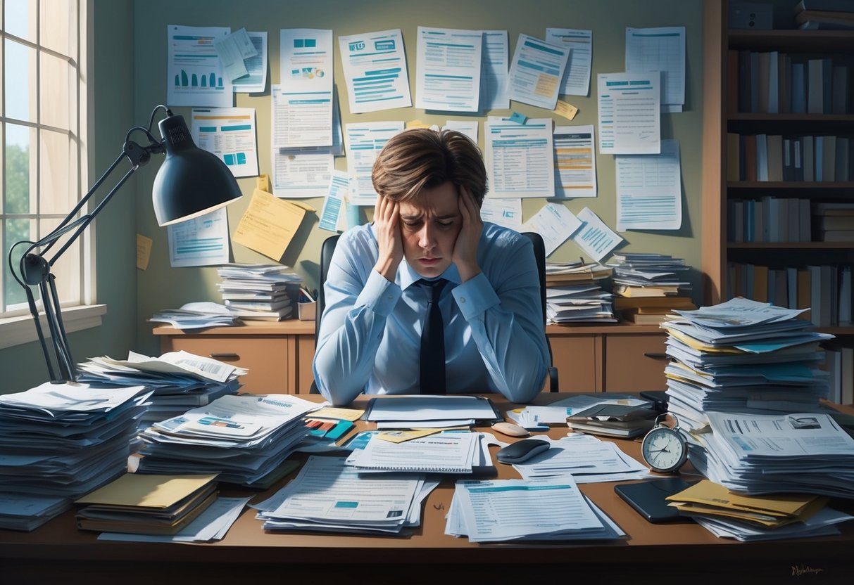 A person sitting at a cluttered desk, surrounded by bills and financial documents, with a look of stress and frustration on their face