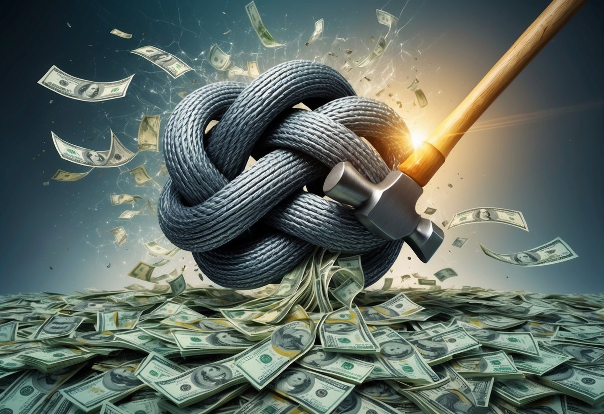 A tangled knot of stress unravels as a hammer smashes through a barrier, allowing a flow of money to break through
