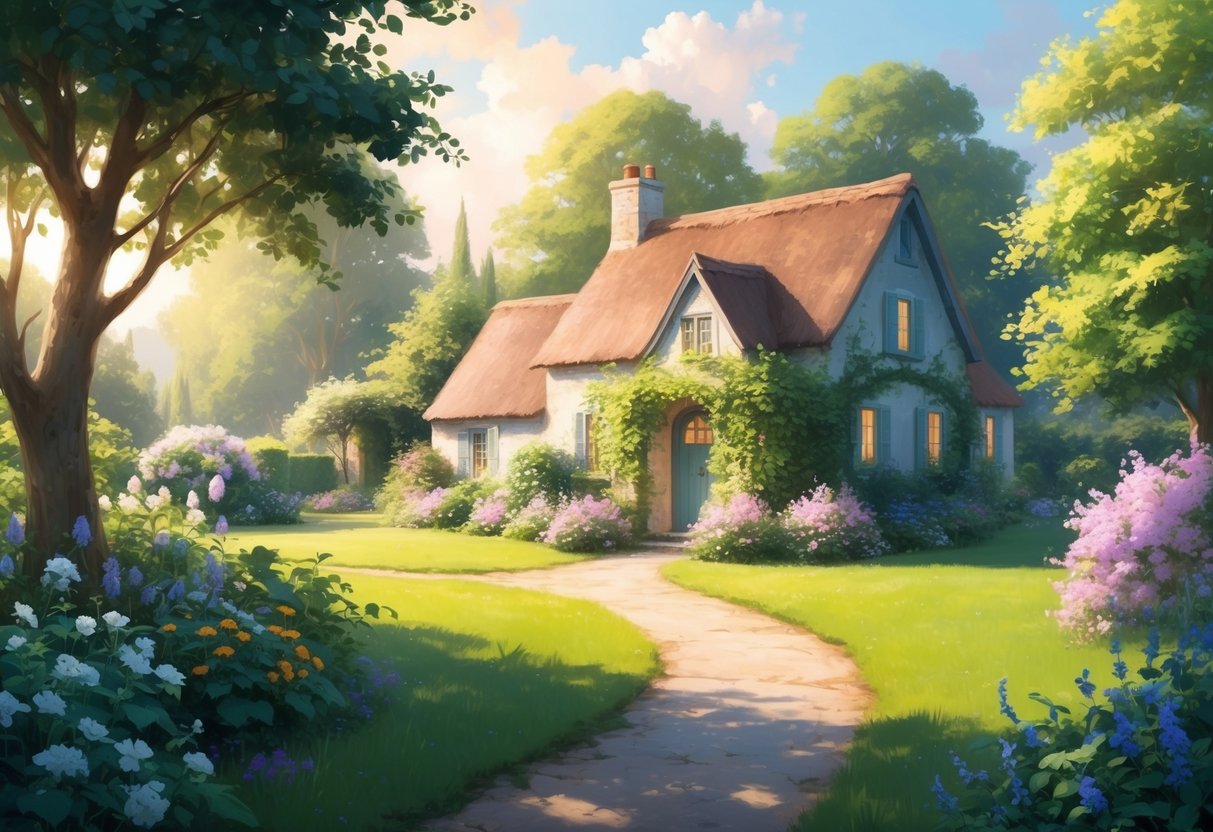 A serene, sunlit garden with a path leading to a cozy, well-kept cottage surrounded by blooming flowers and lush greenery
