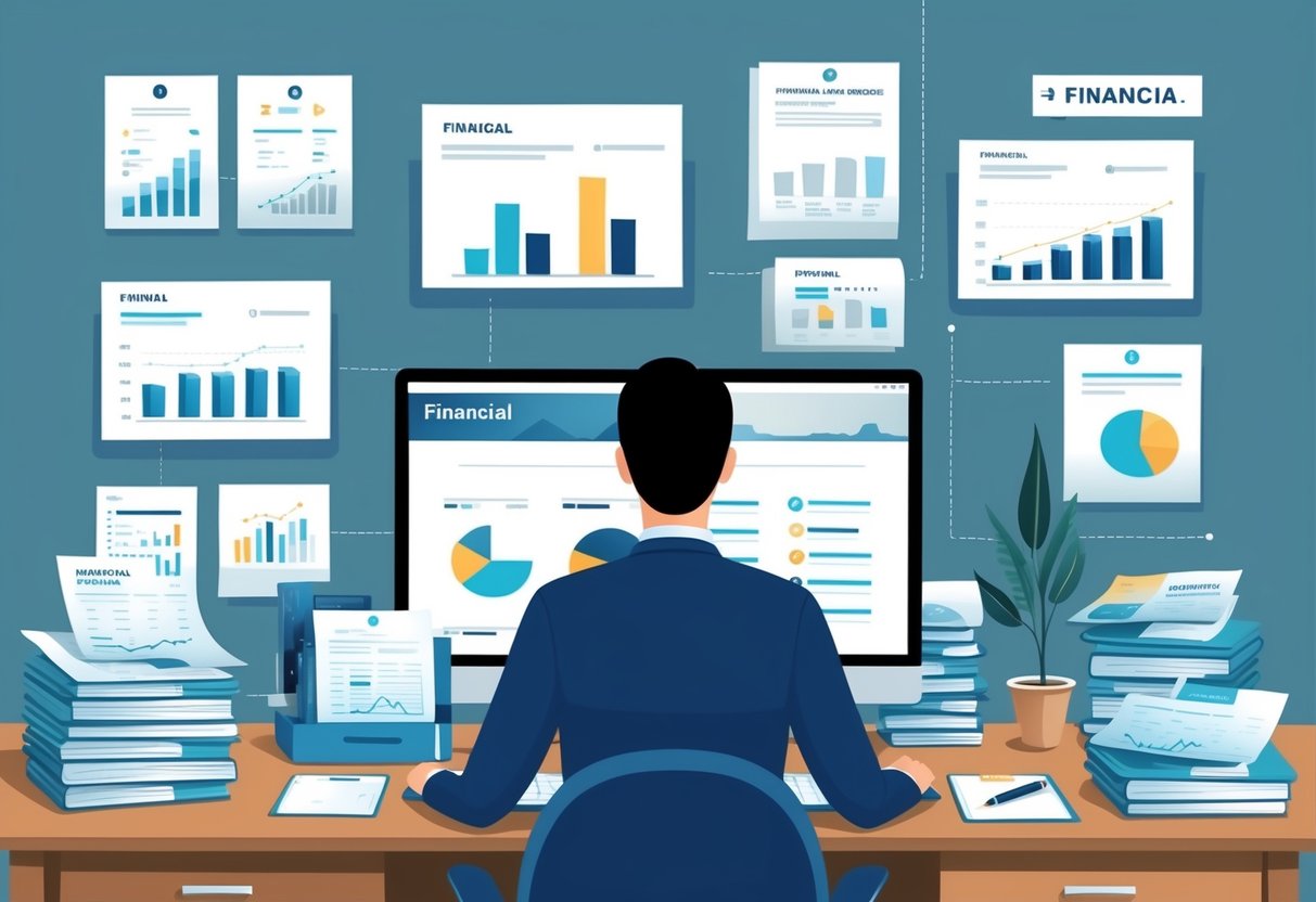 A person sitting at a desk surrounded by financial documents and charts, with a calm and organized environment, representing proactive financial planning