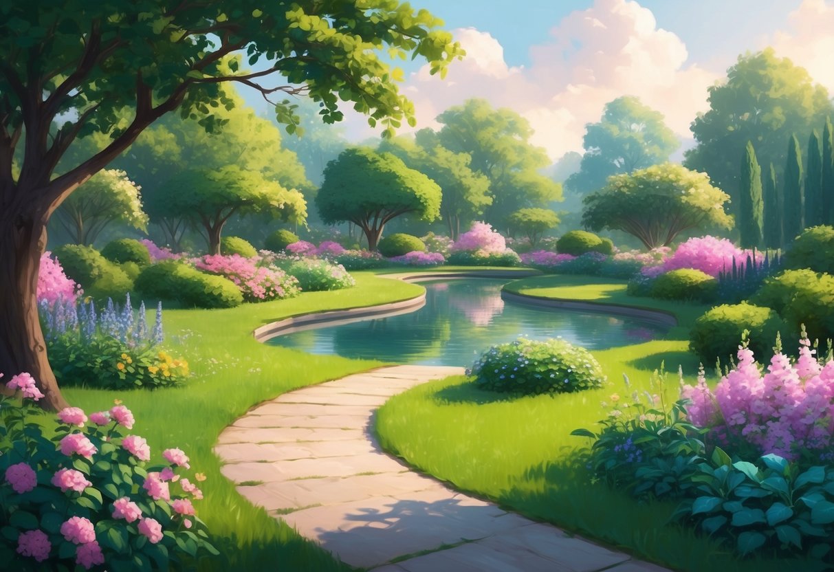 A serene garden with a winding path leading to a peaceful pond surrounded by blooming flowers and lush greenery