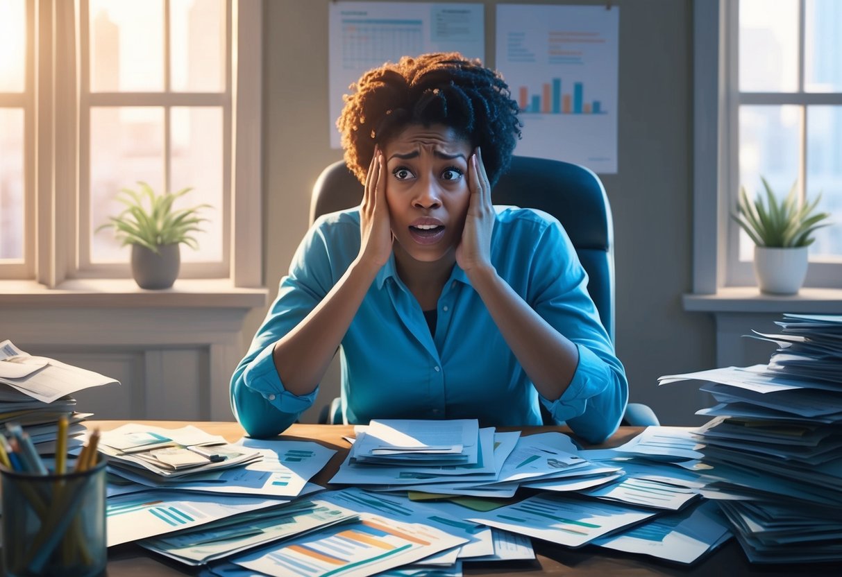 A person sitting at a cluttered desk, surrounded by bills and financial documents. They have a look of frustration and stress on their face as they try to make sense of their financial situation