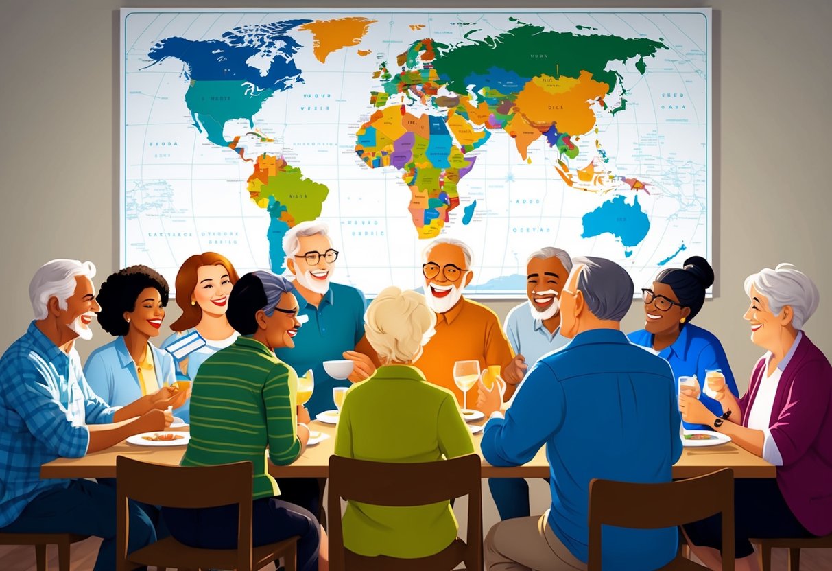 A group of diverse individuals gather around a table, sharing stories and laughter. A map of the world hangs on the wall, symbolizing the potential for adventure and connection in retirement