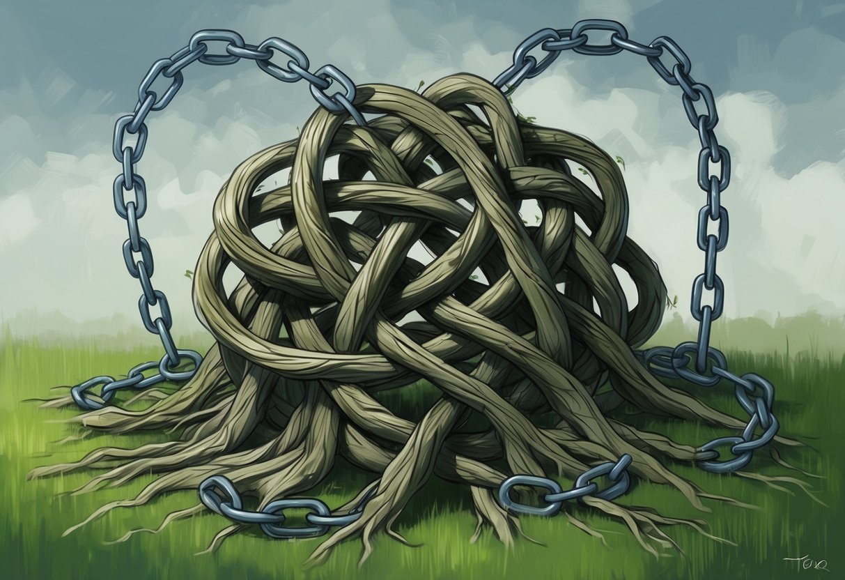 A tangled knot of twisted roots breaking free from chains, symbolizing the breaking of the cycle of stress-induced financial inaction