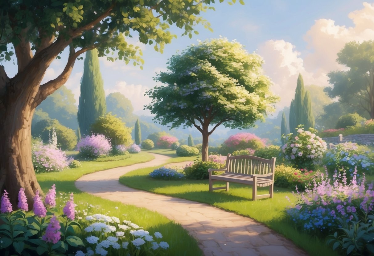 A serene garden with a winding path, blooming flowers, and a cozy bench under a shady tree, surrounded by a peaceful and idyllic setting