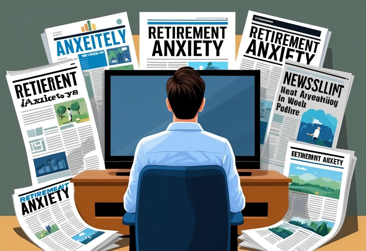 A person sitting in front of a television, surrounded by newspapers and magazines with headlines about retirement anxiety
