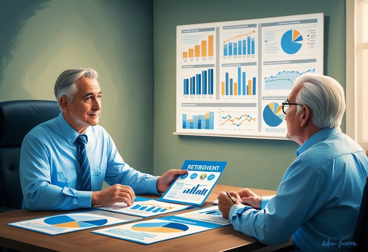 A financial advisor sits across from a worried retiree, offering reassurance and guidance. Charts and graphs on the table depict retirement planning options