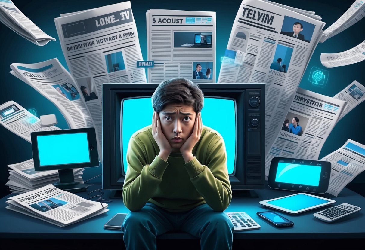 A person sitting in front of a television, surrounded by newspapers and digital devices, with a worried expression on their face