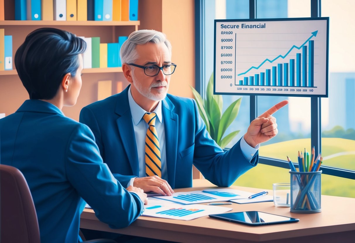 A financial advisor sitting at a desk, discussing retirement plans with a worried client, while pointing to a graph showing a secure financial future