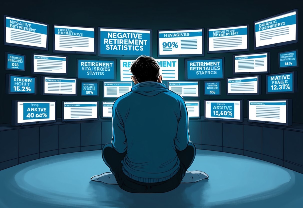 A person sitting alone in a dark room, surrounded by screens showing negative news headlines and retirement statistics. The person looks anxious and distressed