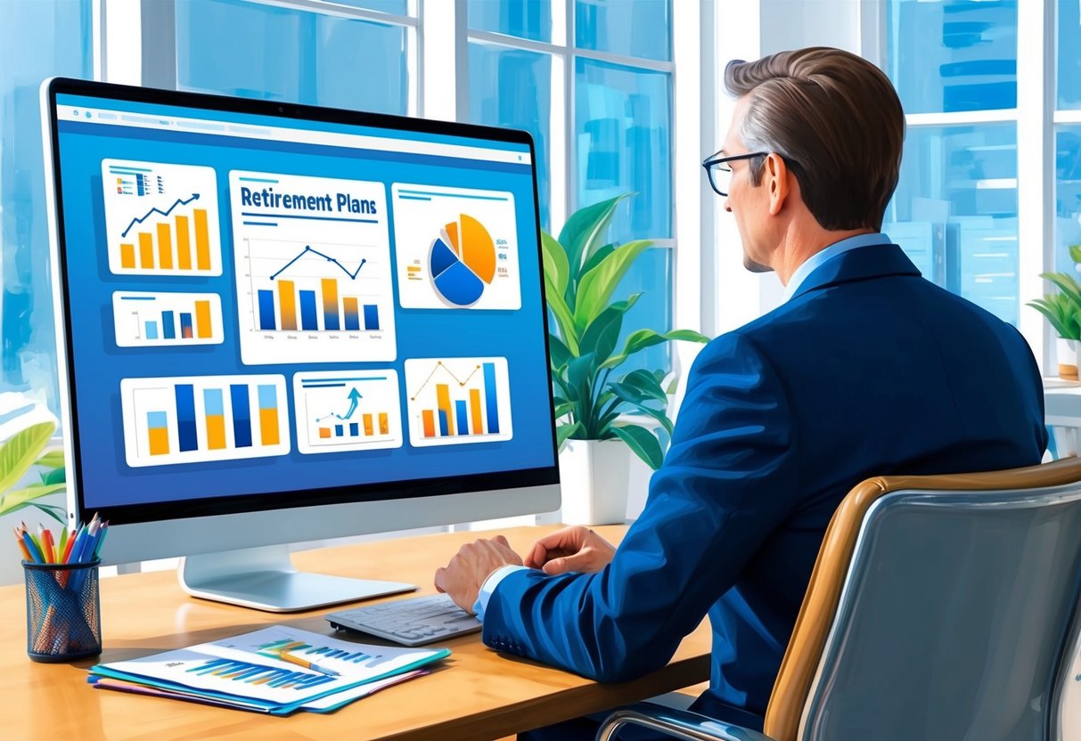 A financial advisor sitting at a desk, discussing retirement plans with a client. Charts and graphs are displayed on a computer screen, conveying a sense of organization and expertise