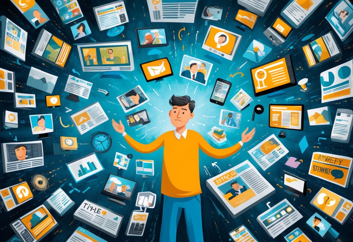 A person surrounded by conflicting media images, feeling overwhelmed by retirement anxiety