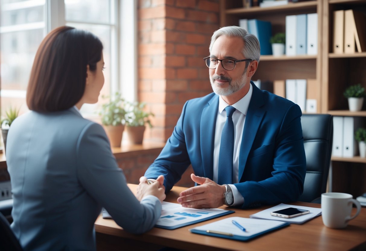 A financial advisor sitting across from a client, discussing retirement plans and investment options in a cozy office setting