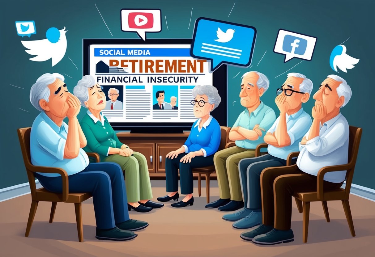 A group of older individuals sit in front of a TV, looking distressed as they watch news reports about retirement and financial insecurity. Social media icons float around them, adding to their anxiety