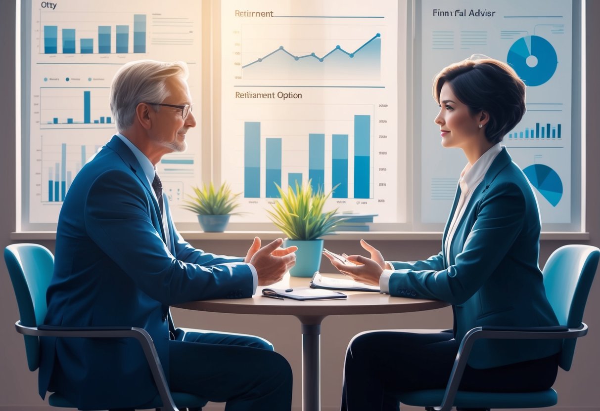 A financial advisor sitting across from a client, discussing retirement options and providing reassurance. A calming and professional atmosphere with charts and graphs in the background