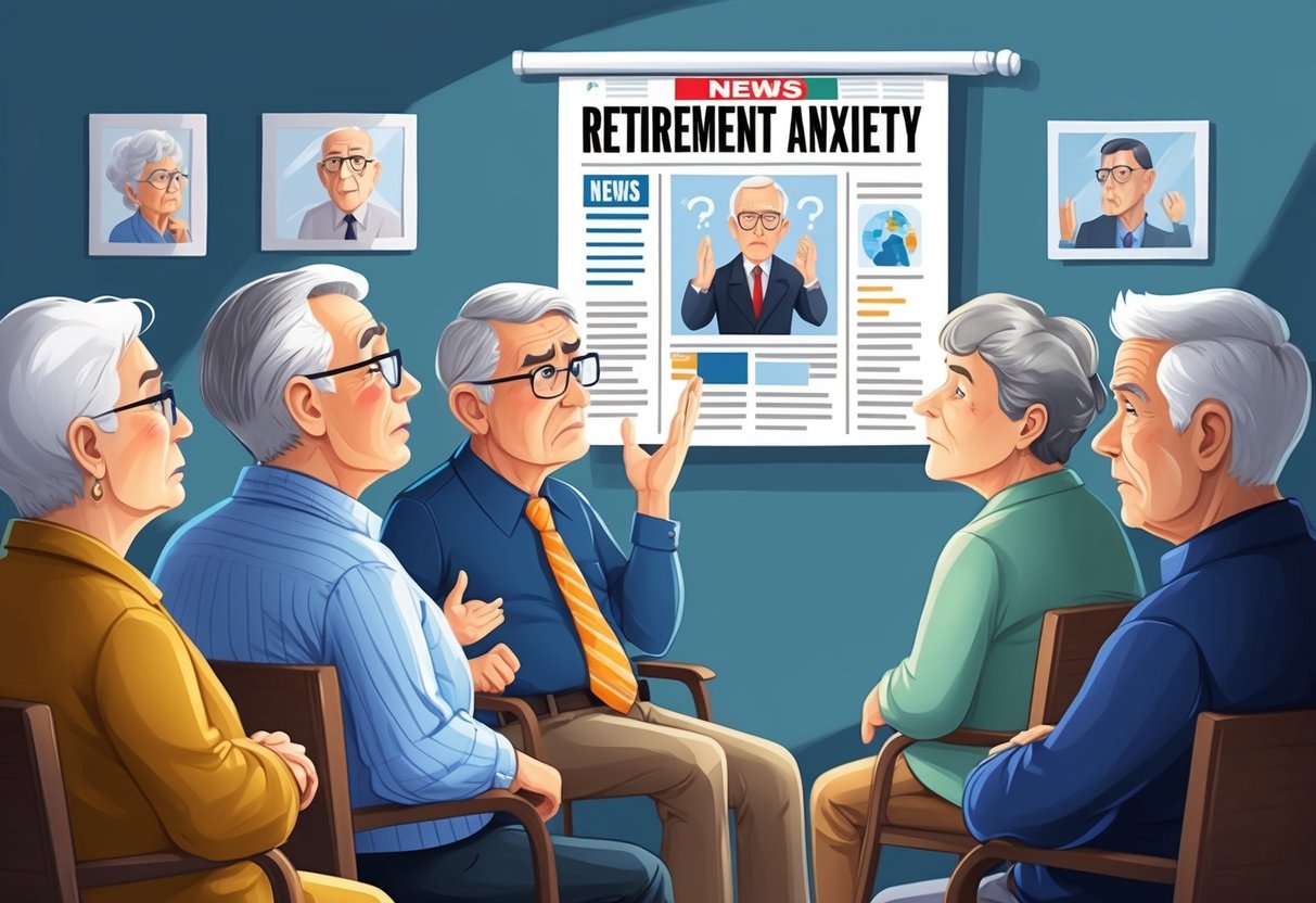 A group of older individuals watching a news report on retirement anxiety, with worried expressions and tense body language