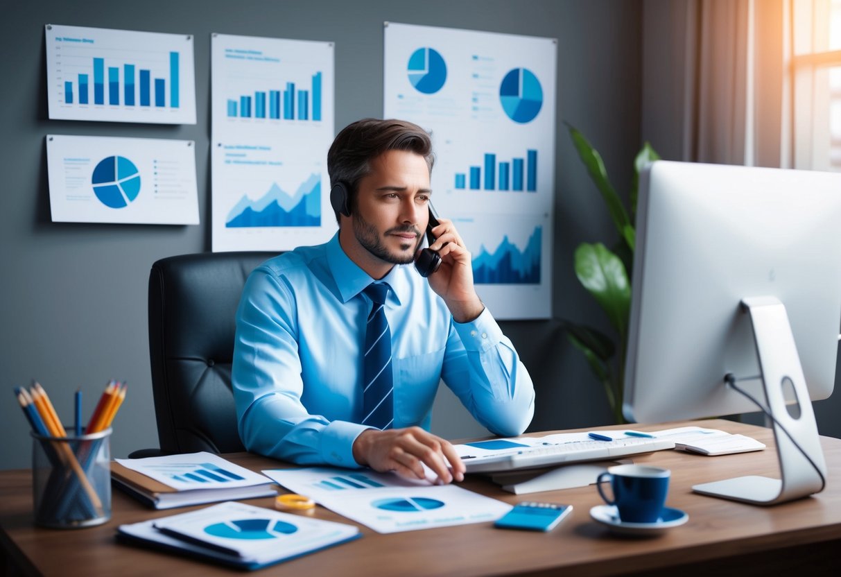 A financial advisor sitting at a desk, surrounded by charts, graphs, and a computer. They are speaking on the phone with a concerned client, offering reassurance and guidance