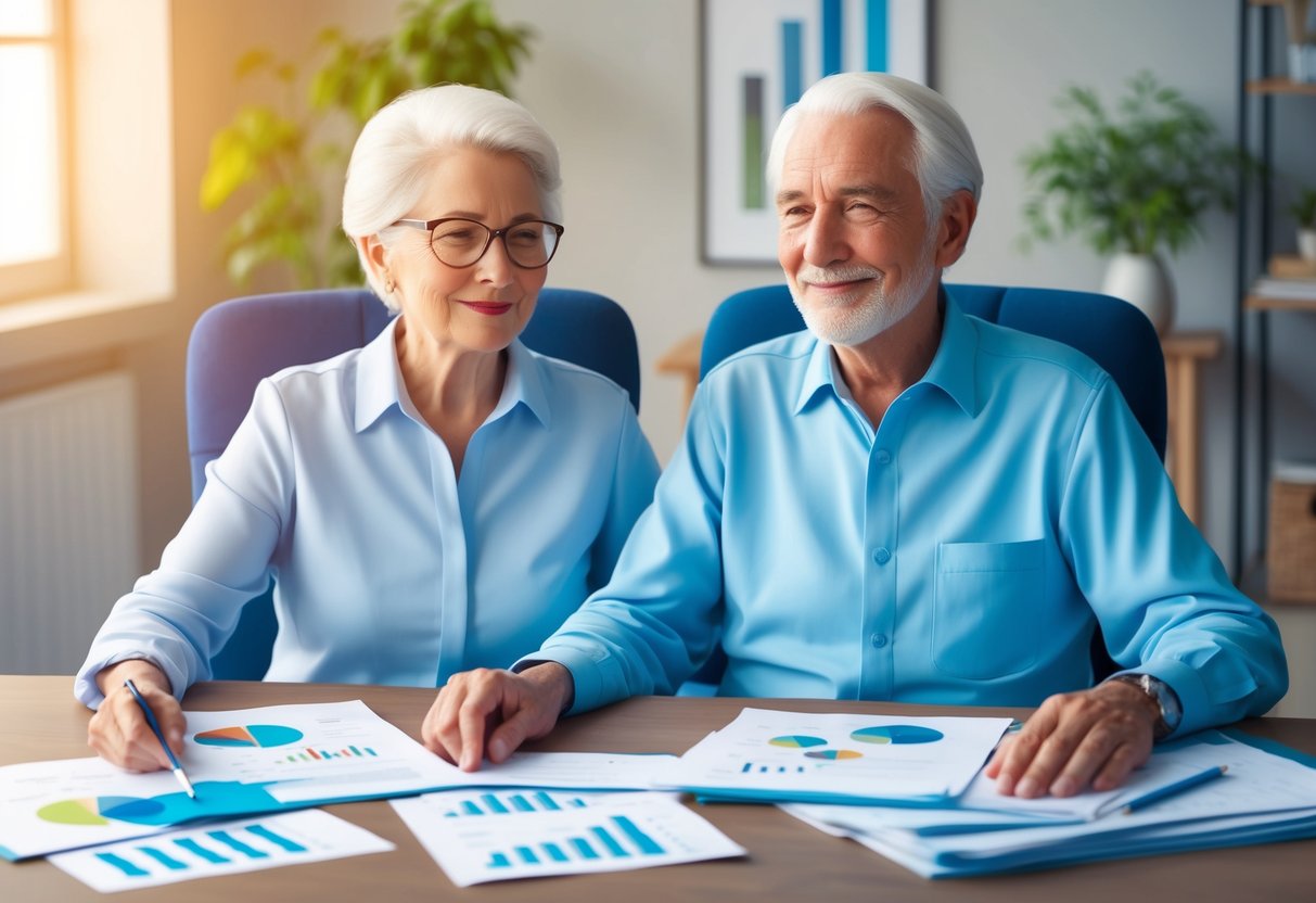 A serene, elderly couple sits comfortably at a table, surrounded by financial documents and investment charts. They appear confident and secure in their retirement planning