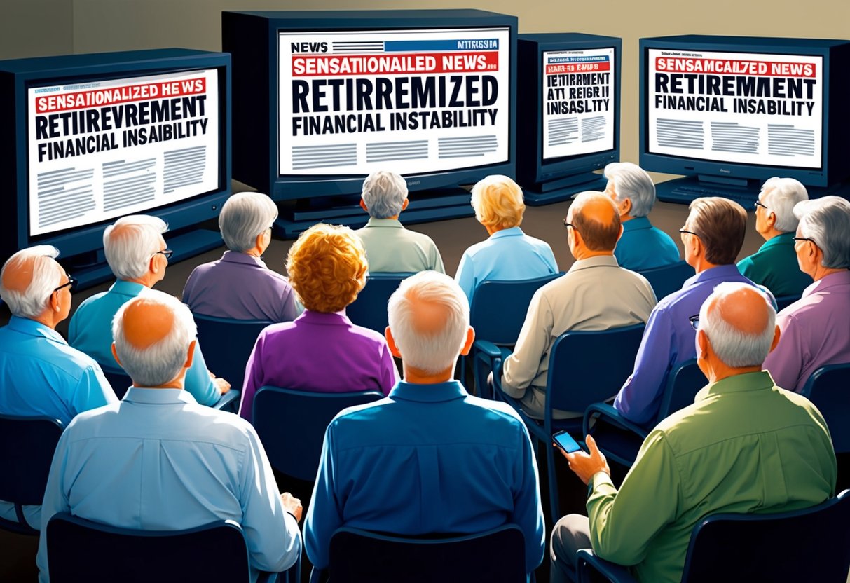 A group of older individuals surrounded by television screens displaying sensationalized news headlines about retirement and financial instability