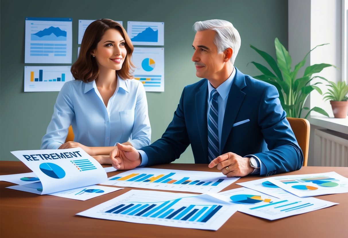 A financial advisor sits with a client, discussing retirement options and government benefits. Charts and graphs are spread out on the table, creating a sense of organization and planning