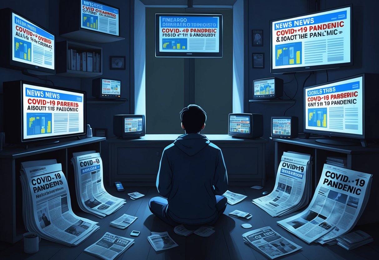 A person sitting alone in a dimly lit room, surrounded by newspapers, television screens, and digital devices displaying news headlines about the Covid-19 pandemic