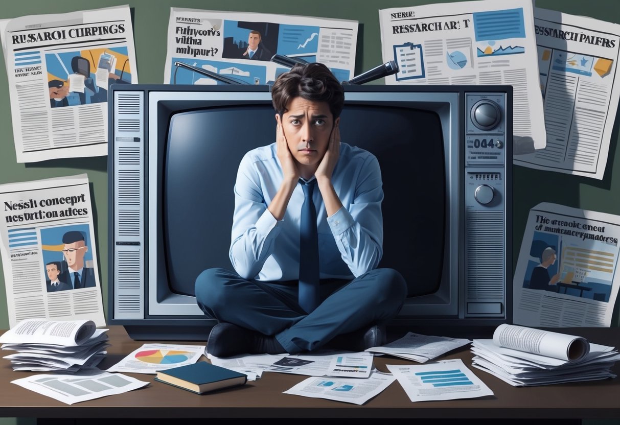 A person sitting in front of a television, surrounded by newspaper clippings and research papers, with a look of concern on their face
