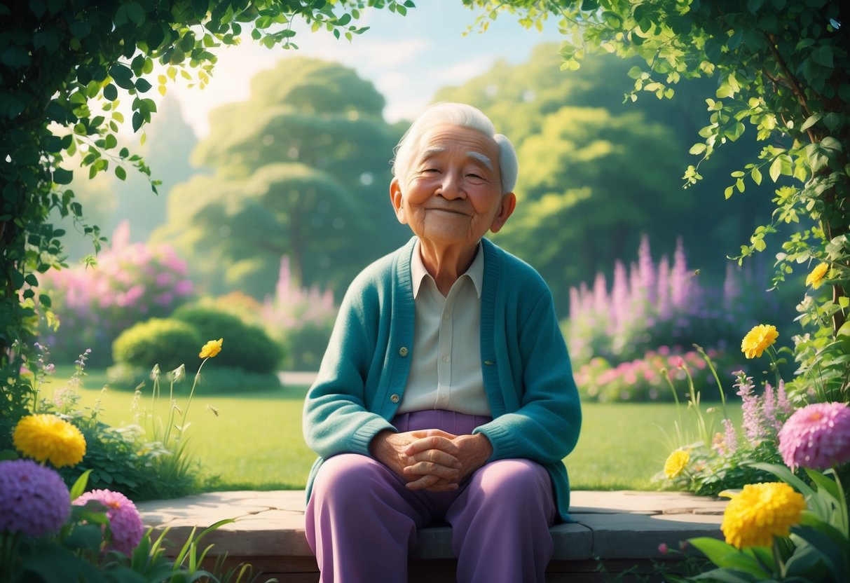 A serene elderly person sitting in a peaceful garden, surrounded by lush greenery and colorful flowers, with a relaxed and content expression on their face
