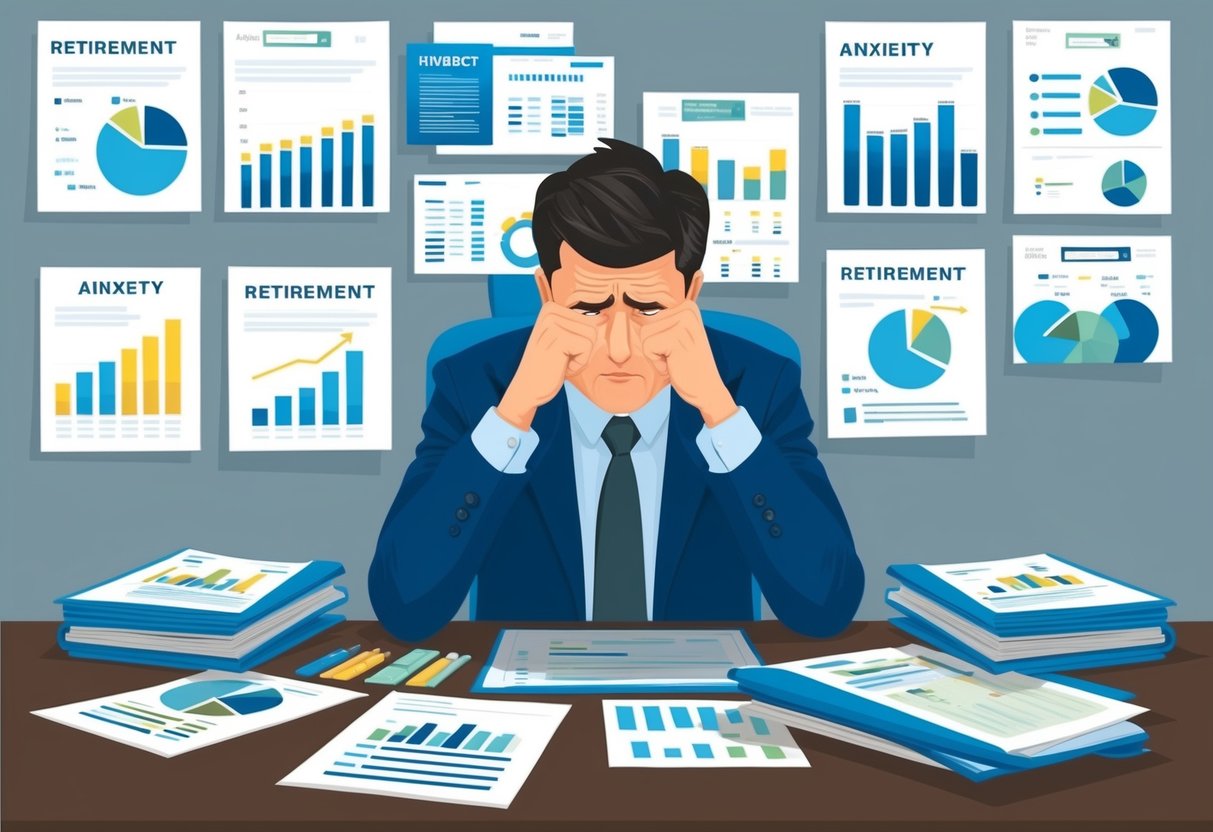 A person sitting in front of a desk, surrounded by financial documents and charts. They are furrowing their brow in deep concentration as they try to identify and tackle the root causes of their retirement anxiety
