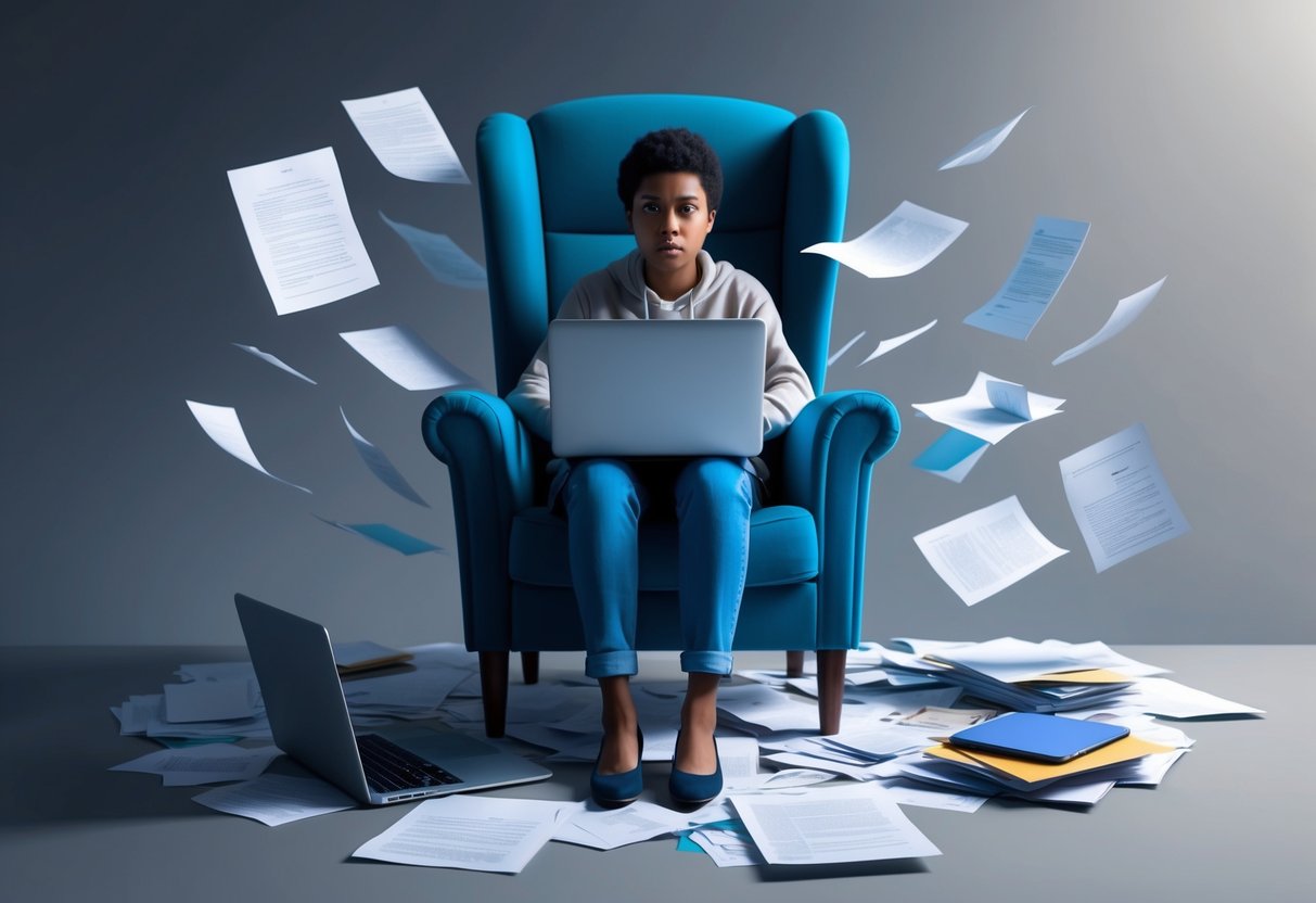 A person sitting in a chair, surrounded by scattered papers and a laptop, with a concerned expression on their face