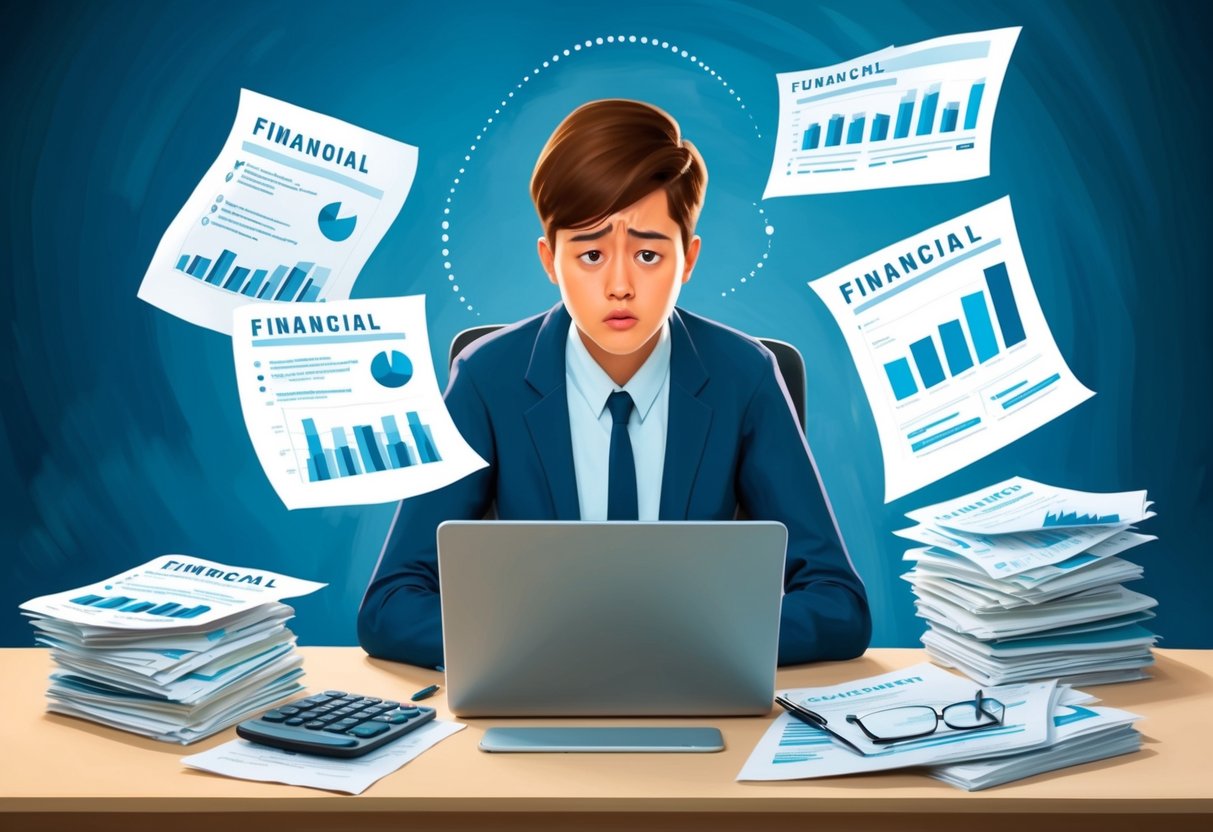 A person sitting at a desk surrounded by financial documents and a laptop, looking stressed and overwhelmed