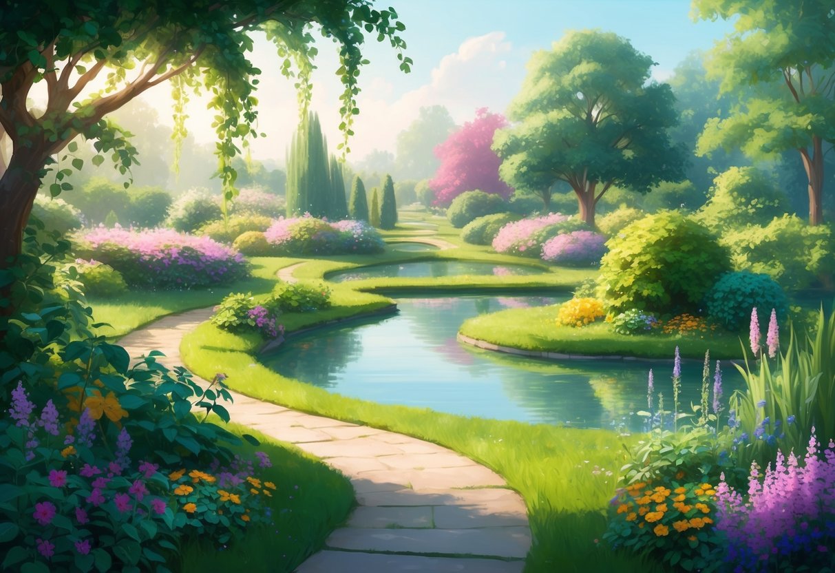 A serene garden with a winding path leading to a peaceful pond, surrounded by vibrant flowers and lush greenery, creating a sense of tranquility and calmness