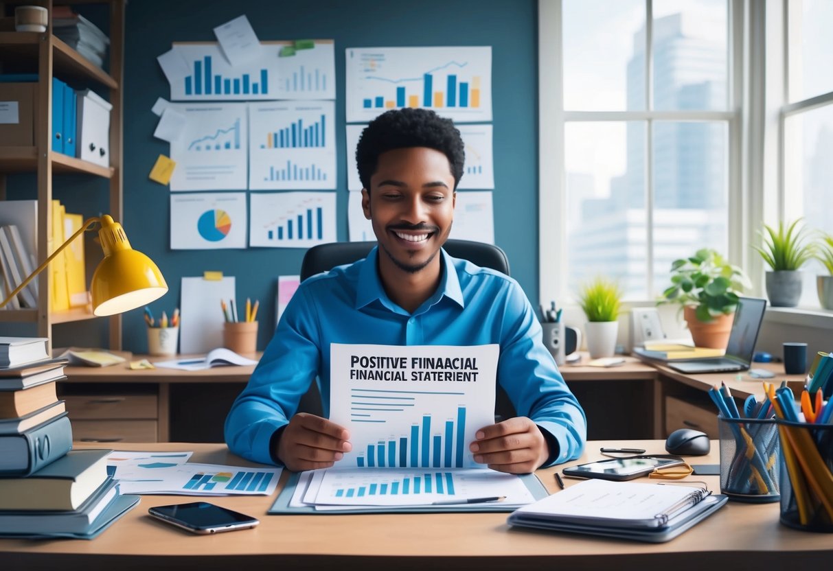 A person sitting at a desk, smiling as they review a positive financial statement with graphs and charts, surrounded by a cluttered yet organized workspace