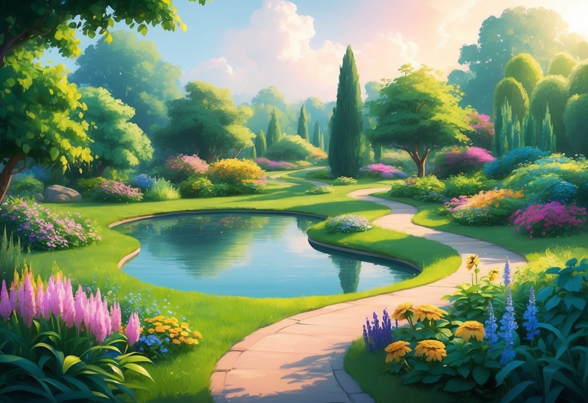 A tranquil garden with a winding path leading to a peaceful pond, surrounded by colorful flowers and lush greenery, providing a sense of calm and relaxation