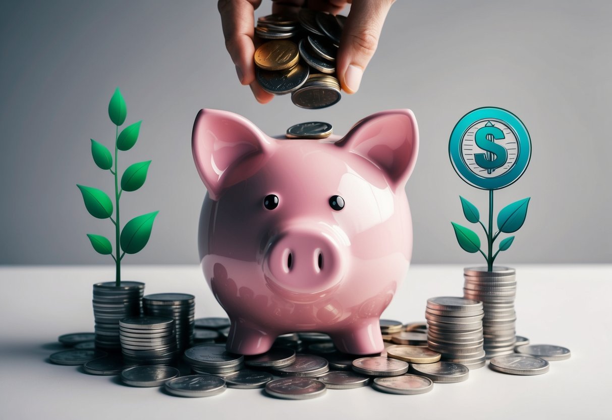 A piggy bank being filled with coins, surrounded by symbols of financial growth and stability