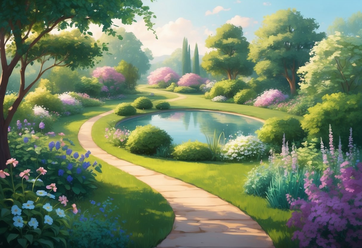 A serene garden with a winding path leading to a tranquil pond, surrounded by blooming flowers and lush greenery, creating a peaceful and calming atmosphere
