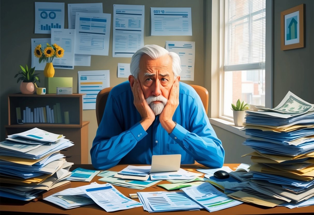 A worried retiree sits at a cluttered desk, surrounded by bills and financial statements. They furrow their brow as they try to make sense of the numbers
