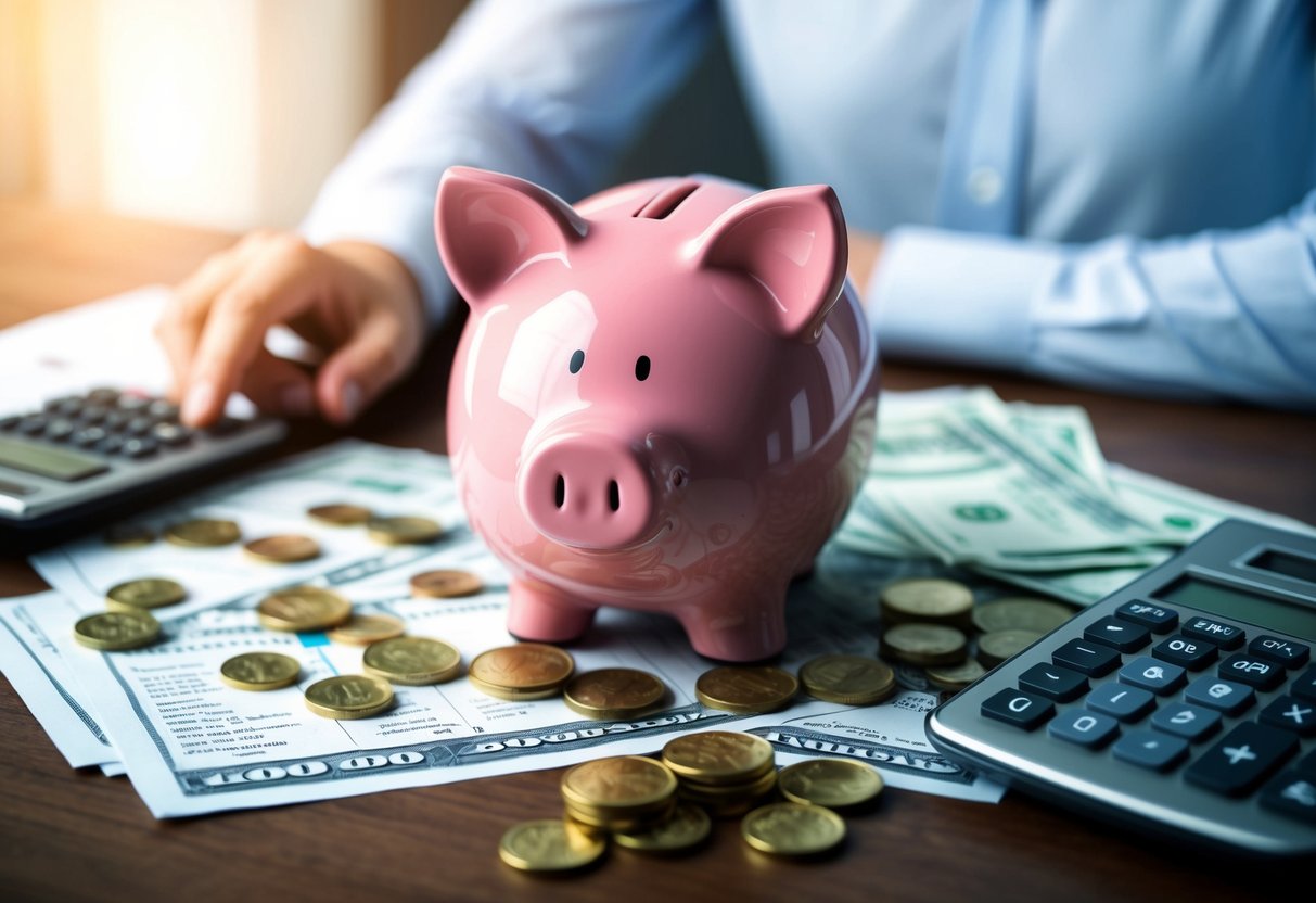 A piggy bank sits on a table, surrounded by scattered coins and dollar bills. A calculator and financial documents are nearby, conveying a sense of financial planning and security
