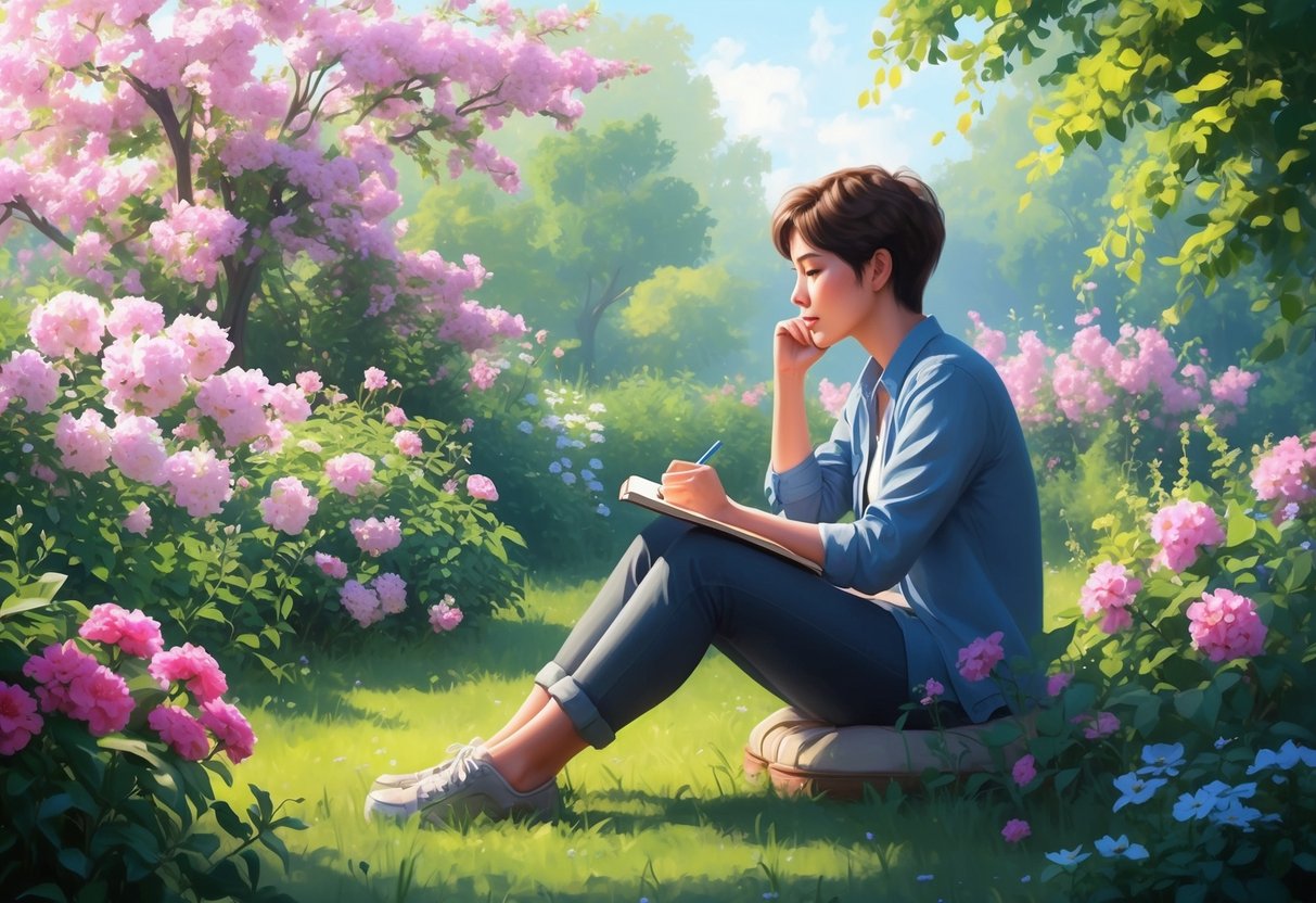 A person sitting in a peaceful garden, surrounded by blooming flowers and greenery, with a notebook and pen in hand, deep in thought